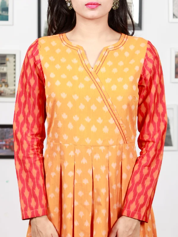 Yellow Red Orange Handloom Mercerised Ikat Long Cotton Tier Dress With Gathers - D169F1287