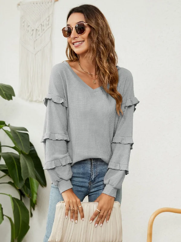 FashionSierra - Waffle V-Neck Ruffled Lantern Sleeve Top