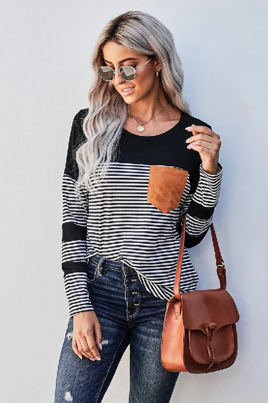 FashionSierra - Stripe Splicing Contrast Color Long Sleeve Slim T-shirt