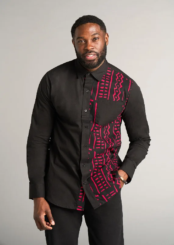 Abiade Men's African Print Button-Up Shirt (Black/Black Magenta Tribal) - Clearance