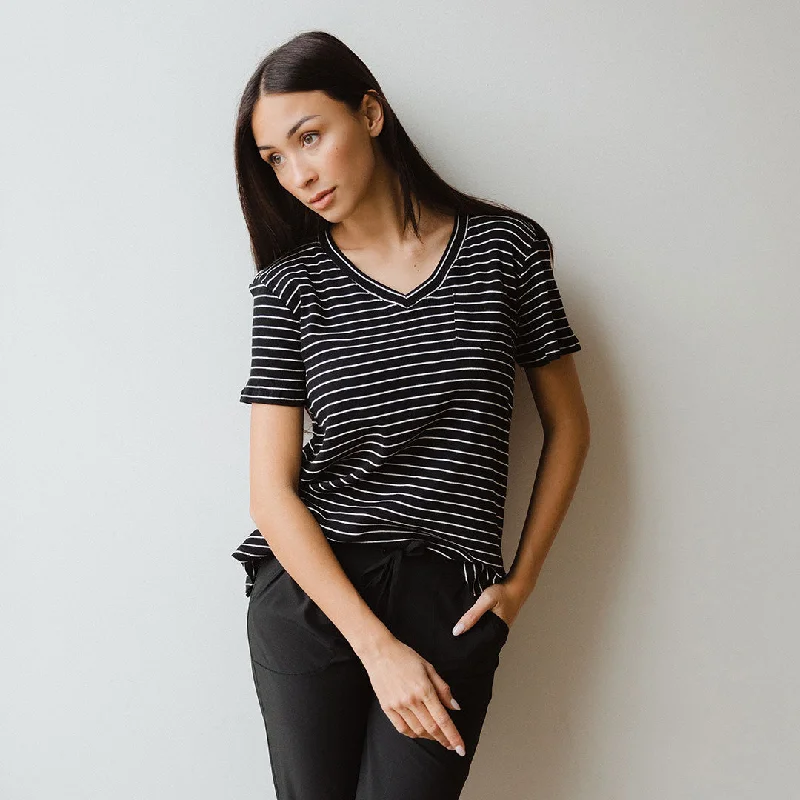 Basic V Neck Tee, Chunky Black and White Stripe