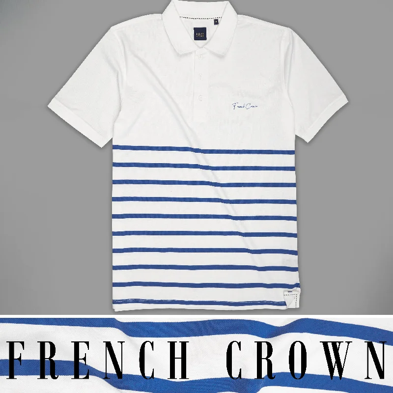 Bright White with Chambray Blue Striped Organic Cotton Mercerised Pique Polo