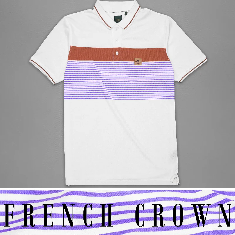 Bright White with Dull Lavender Striped Organic Cotton Mercerised Pique Polo