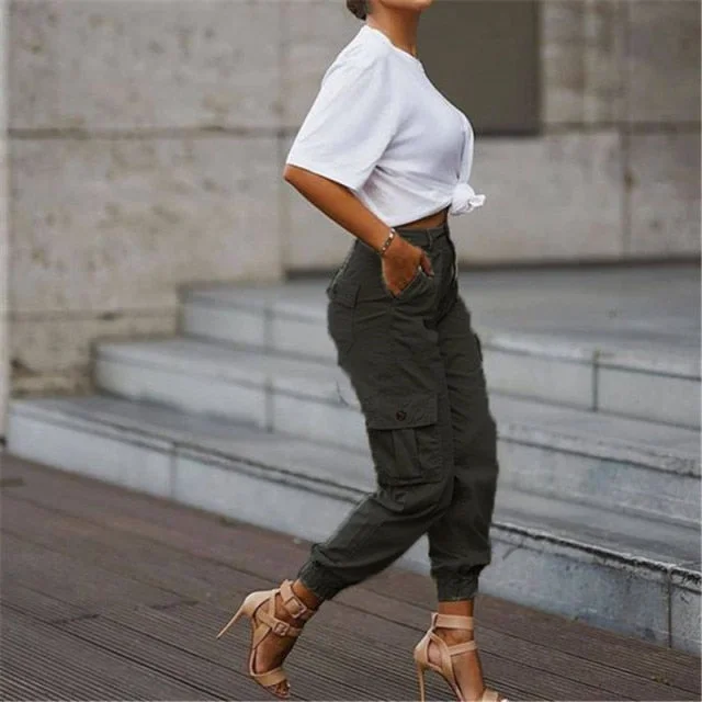 FashionSierra - Summer High Waist Casual Cargo Stacked Pants