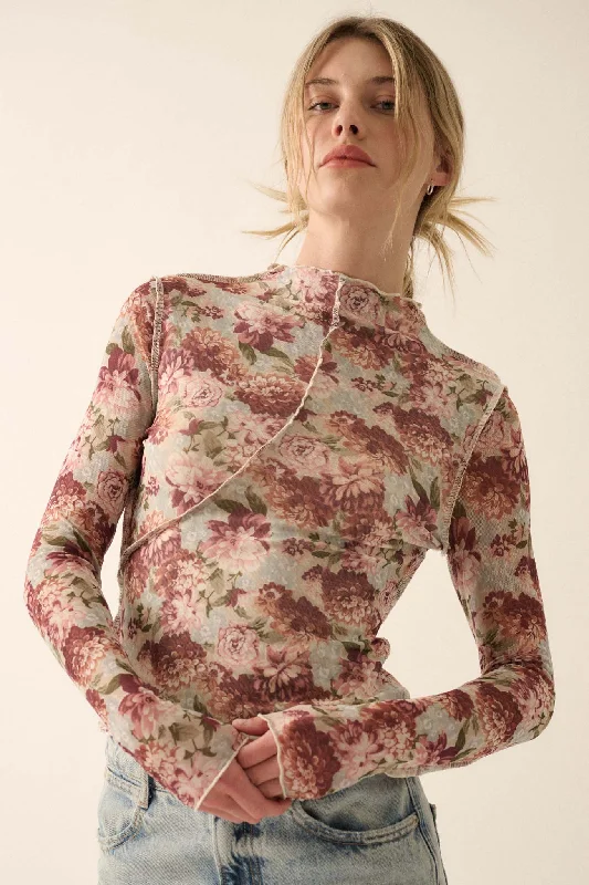 Delicate Blooms Floral Mesh Exposed-Seam Top