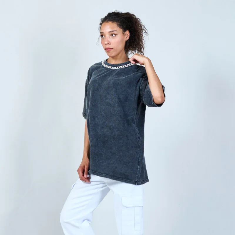 Distressed wash t-shirt with embellished collar wholesale