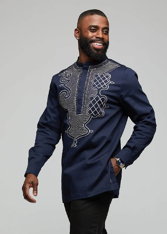 Dubaku Men's Traditional African Embroidery Shirt (Navy)