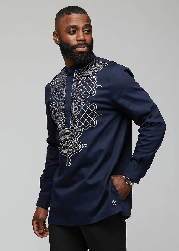 Dubaku Men's Traditional African Embroidery Shirt (Navy)