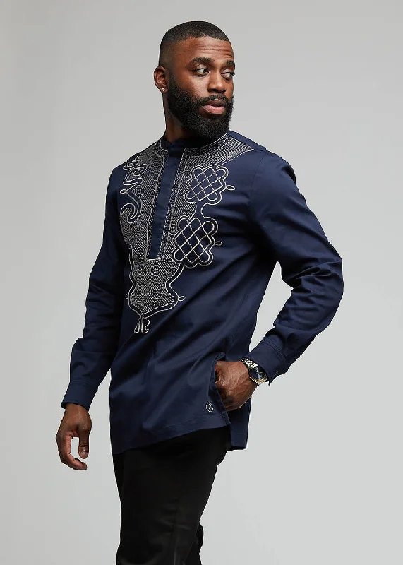 Dubaku Men's Traditional African Embroidery Shirt (Navy)