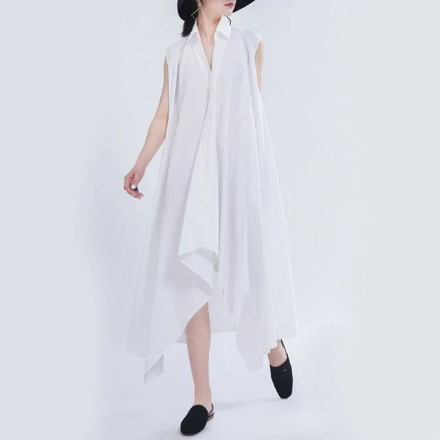 [EAM] Women Black Asymmetrical Bandage Long Shirt Dress New Lapel Sleeveless Loose Fit Fashion Tide Spring Summer 2020 1T756