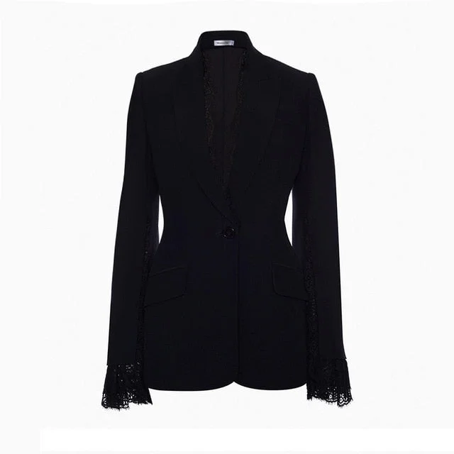 [EAM]  Women Black Lace Vent Stitch Blazer New Lapel Long Sleeve Loose Fit  Jacket Fashion Tide Spring Autumn 2020 1W517