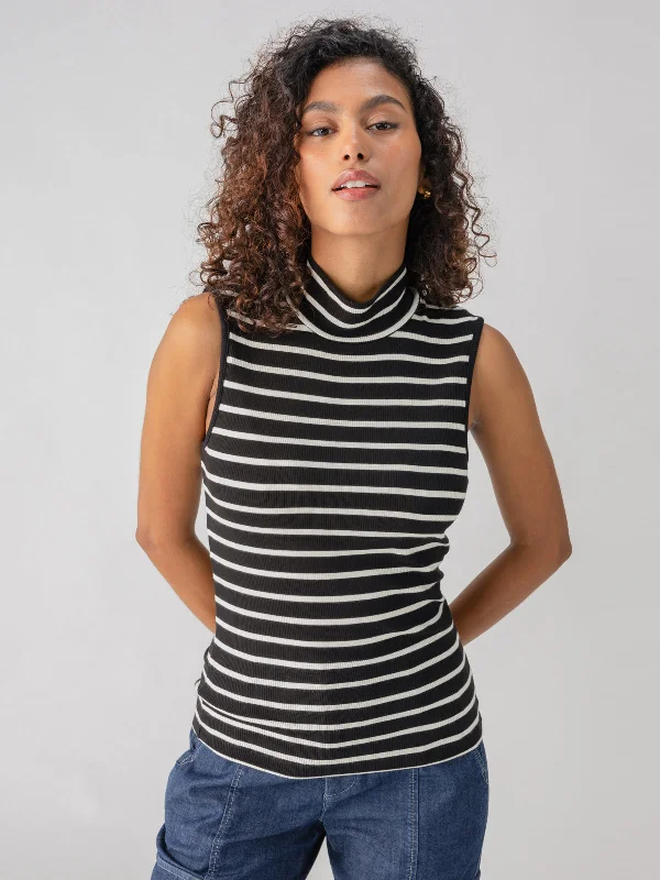 Essential Sleeveless Mock Neck Tank Black Chalk Stripe