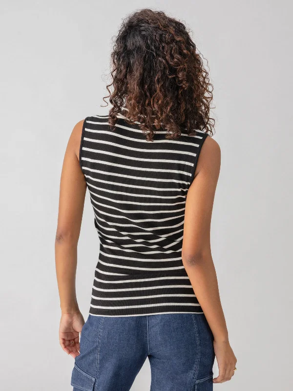 Essential Sleeveless Mock Neck Tank Black Chalk Stripe