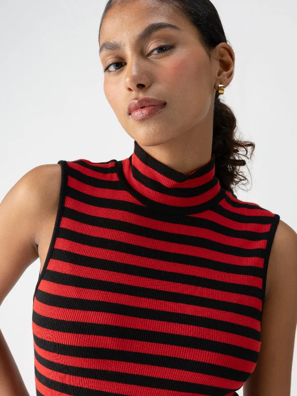 Essential Sleeveless Mock Neck Tank Black Cherry Red Stripe