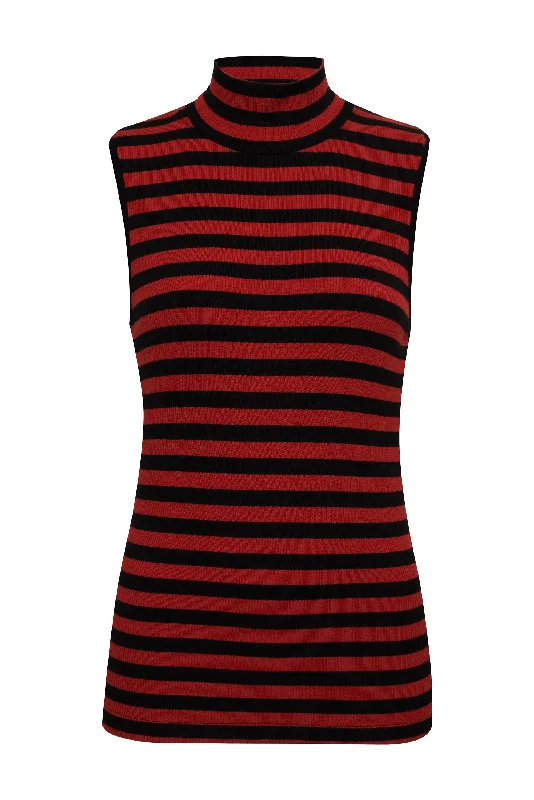 Essential Sleeveless Mock Neck Tank Black Cherry Red Stripe