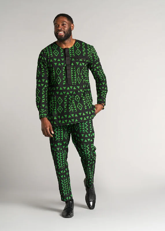 Ibrahim Men's African Print Traditional Shirt (Moss Black Geometric) - Clearance