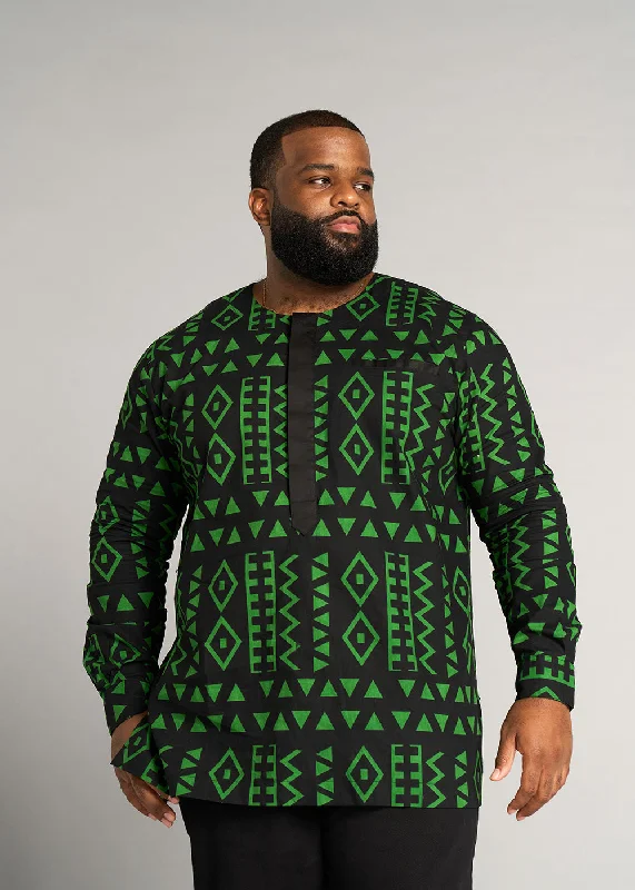 Ibrahim Men's African Print Traditional Shirt (Moss Black Geometric) - Clearance