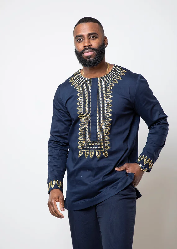 Karim Men's Embroidered Traditional Shirt (Navy with Gold Embroidery)