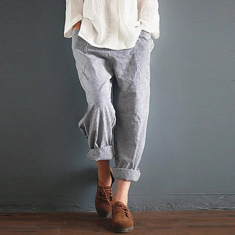 FashionSierra - Linen Gray Striped Pants Women