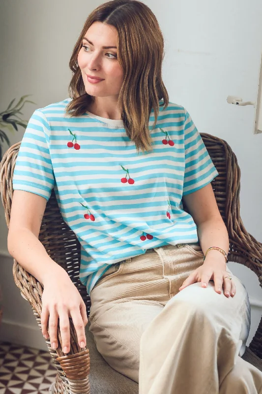 Maggie T-shirt - Blue/White, Cherry Embroidery