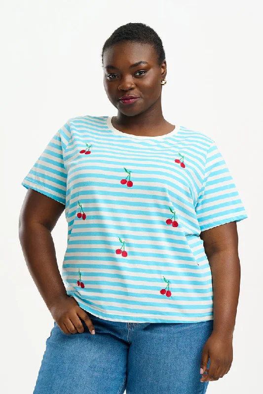 Maggie T-shirt - Blue/White, Cherry Embroidery