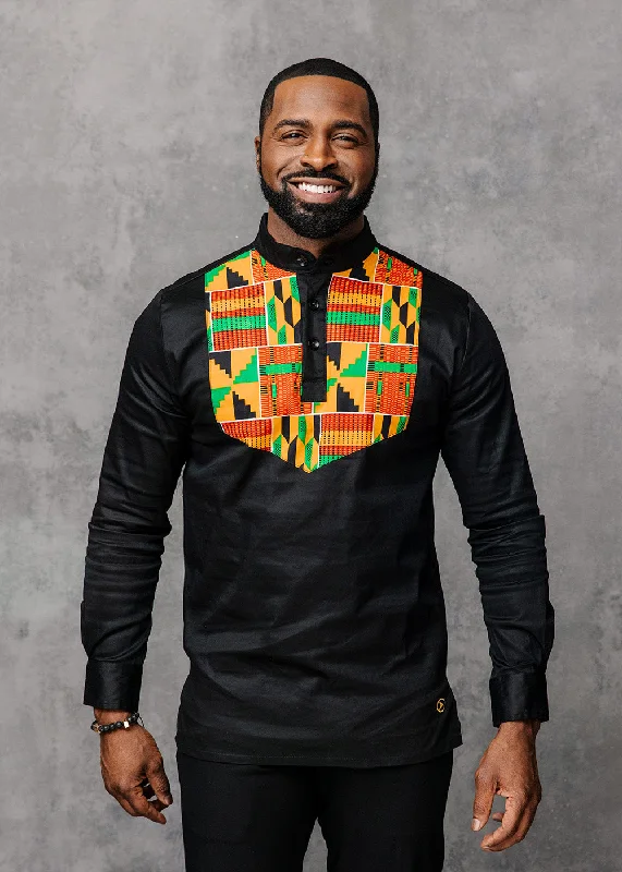 Meka Men's African Print Collared Henley Shirt (Yellow/Green Kente)