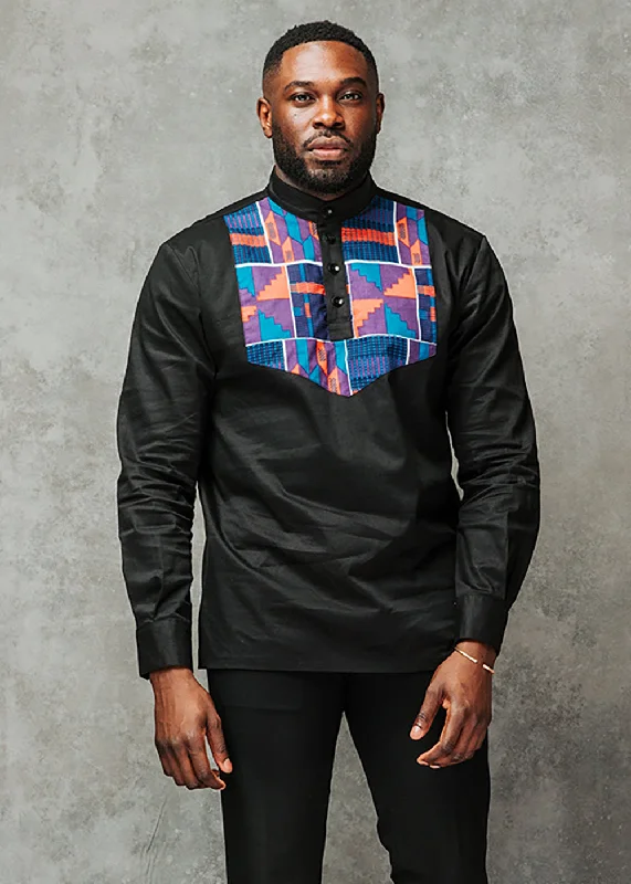 Meka Men's African Print Collared Henley Shirt (Black/Purple Navy Kente) - Clearance