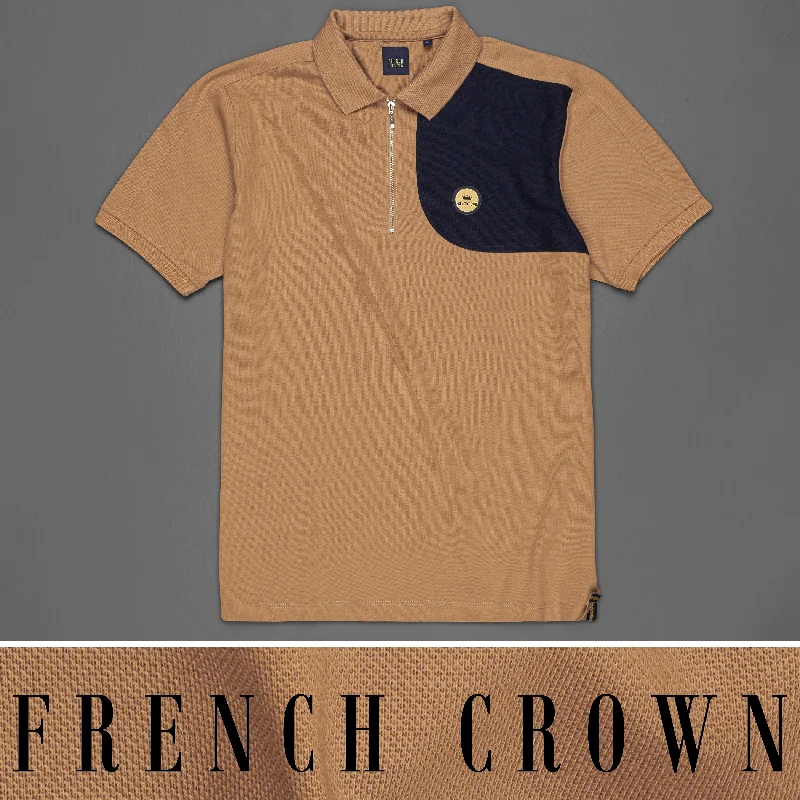 Muesli Brown with Navy Blue Patch work Organic Cotton Mercerised Pique Polo