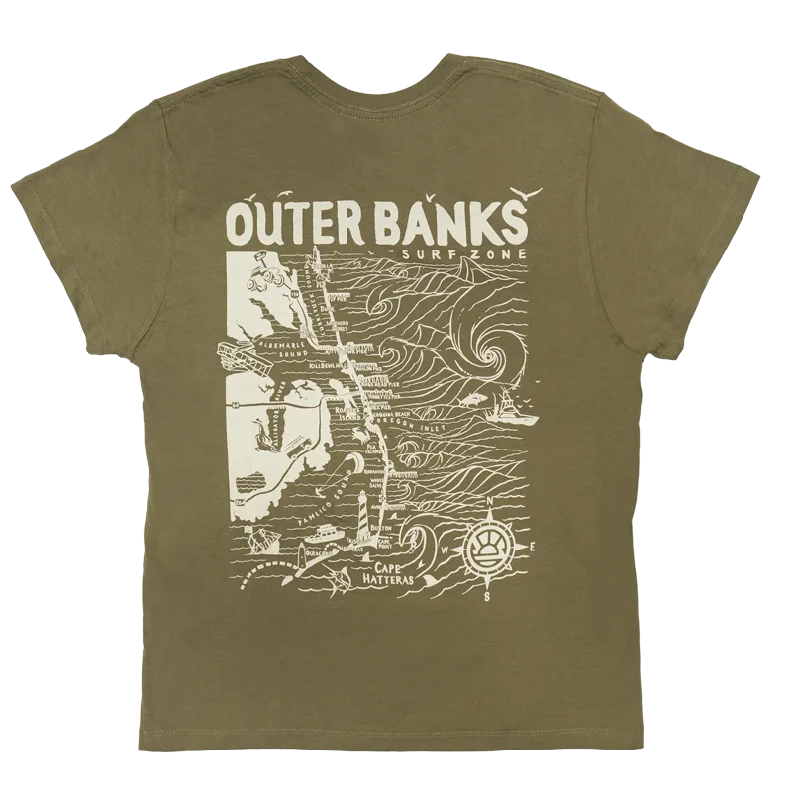 REAL Outer Banks Map Wmn's Boyfriend Tee-Military Green