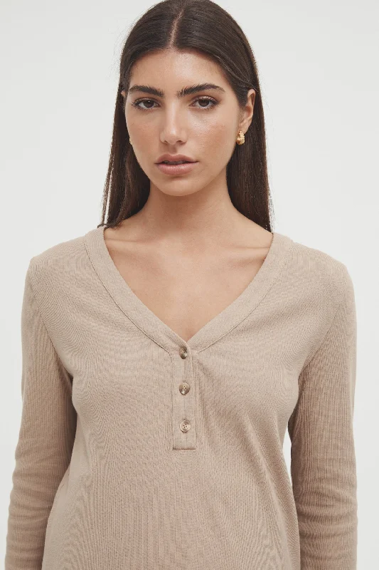 Ribbed Henley Top (Mocha)