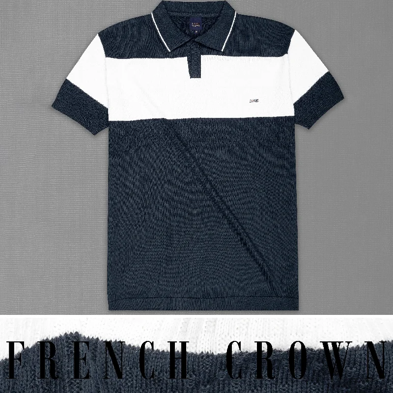 Shark Blue and White Jacquard Textured Flat-Knit Premium Cotton Polo