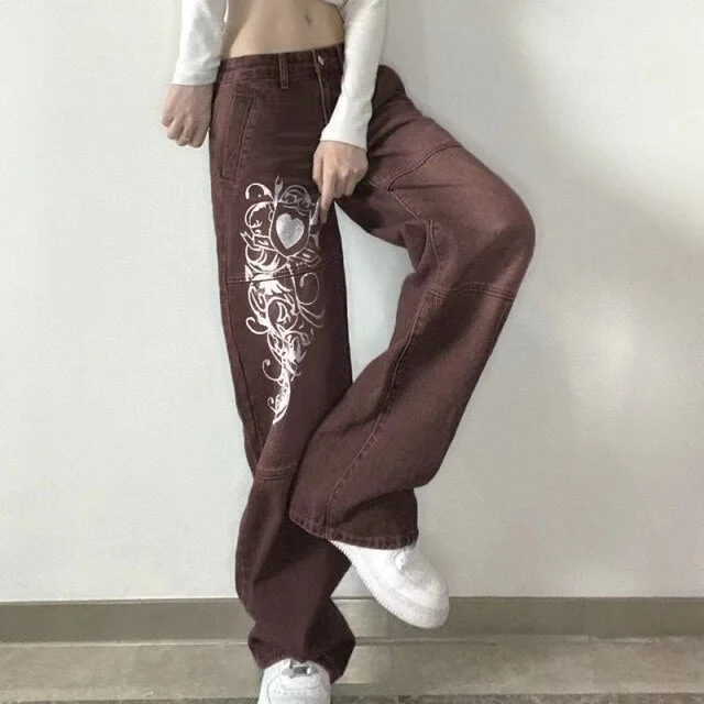 FashionSierra - Women Y2K Print Autumn Low Waist Long Trousers Casual Denim Pants