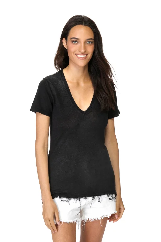 Black V Neck Linen Tee