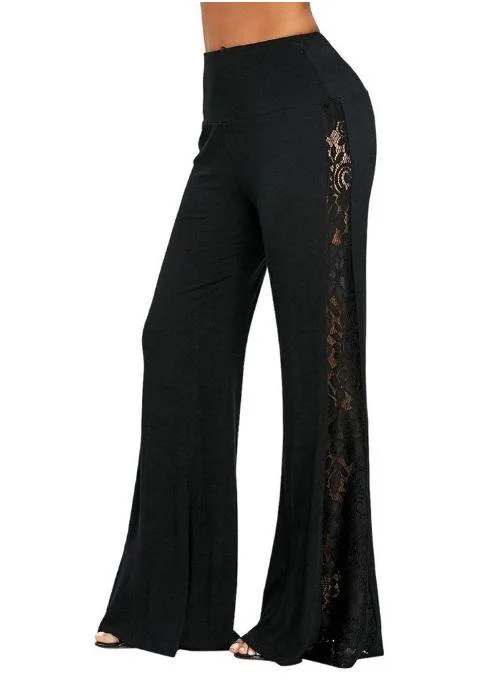 FashionSierra - Women's black side lace patchwork pants wide leg flare pants