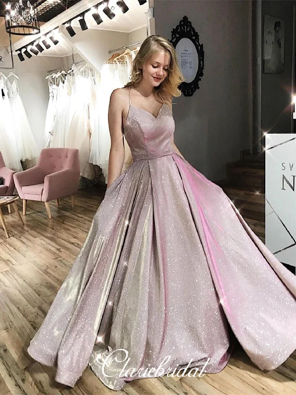 Spaghetti Long A-line Shemmering Fabric Prom Dresses, 2020 Prom Dresses, Long Prom Dresses, V-neck Prom Dresses Best value maxi dresses