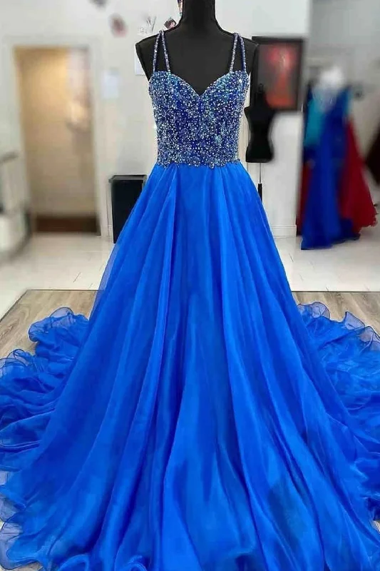 Royal Blue Prom Dress A Line Spaghetti Straps Long Party Evening Dress with Beading Corset party dresses