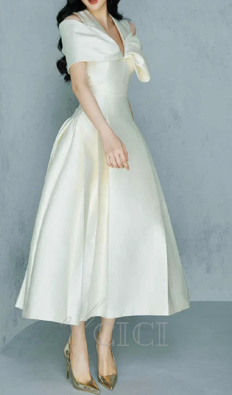ALICE BEIGE WHITE PLEATED BOW OFF-SHOULDER MIDI DRESS Wrap midi dresses