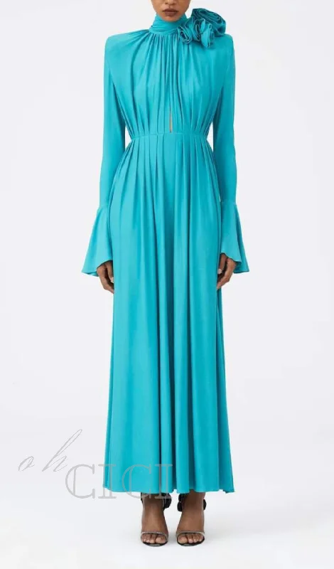 ERIN LANTERN SLEEVE HIGH COLLAR FLOWER SLIT MIDI DRESS IN BLUE Best midi dresses for plus size