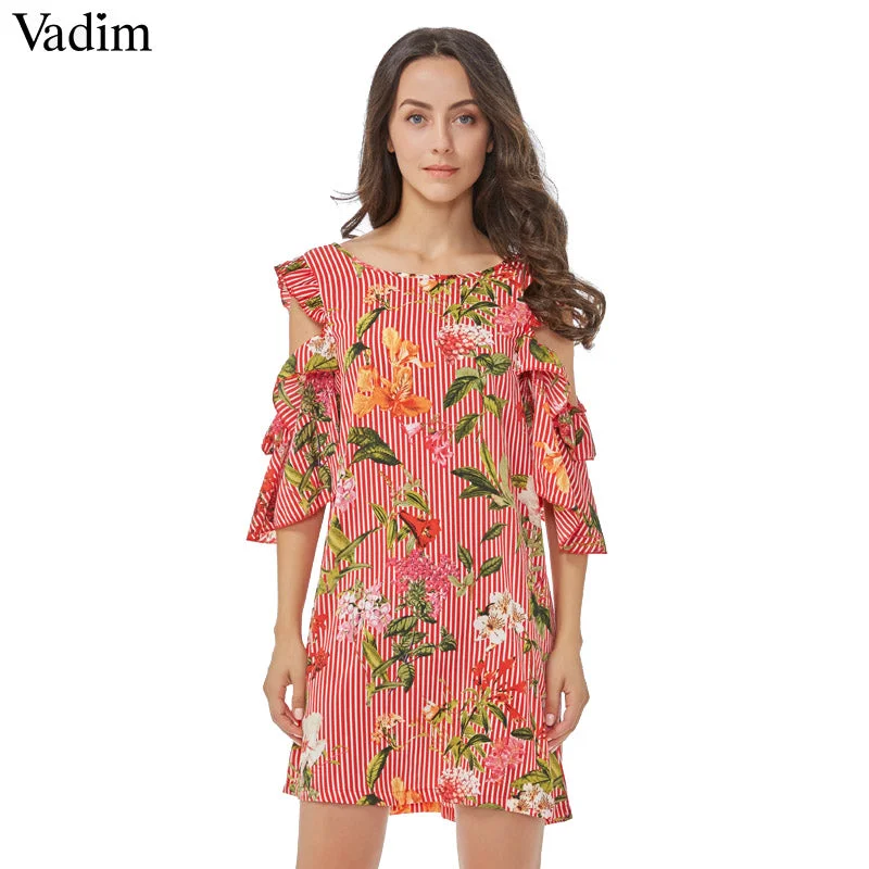 Vadim women sweet ruffles floral striped dress Expensive floral dresses