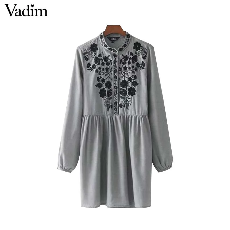 Vadim women vintage floral embroidery pleated dress long sleeve Floral dresses under $50