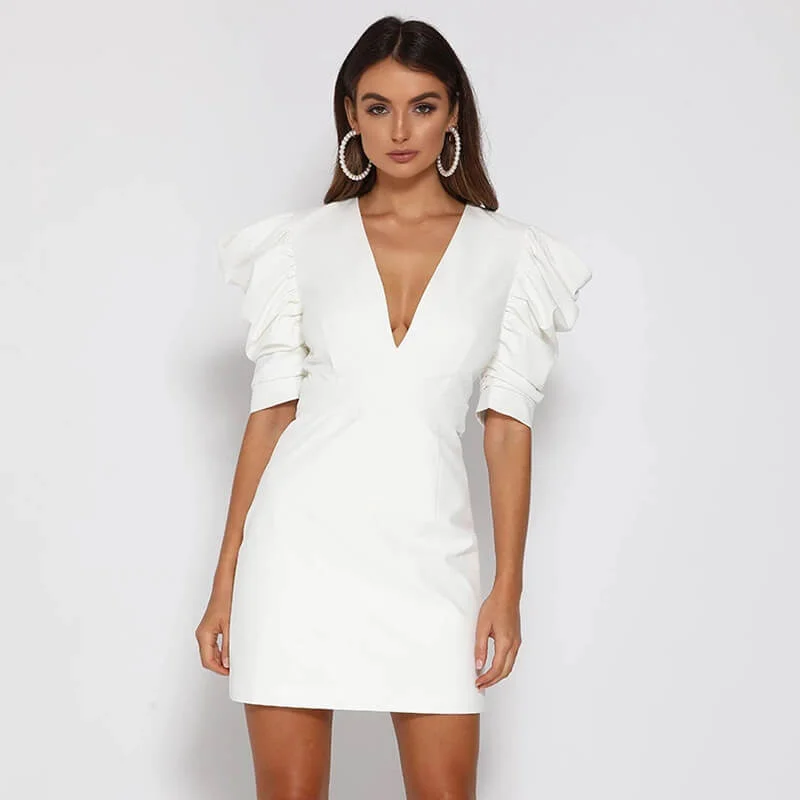 OL White Puff Sleeve Short Dress--Casual Summer Skirt